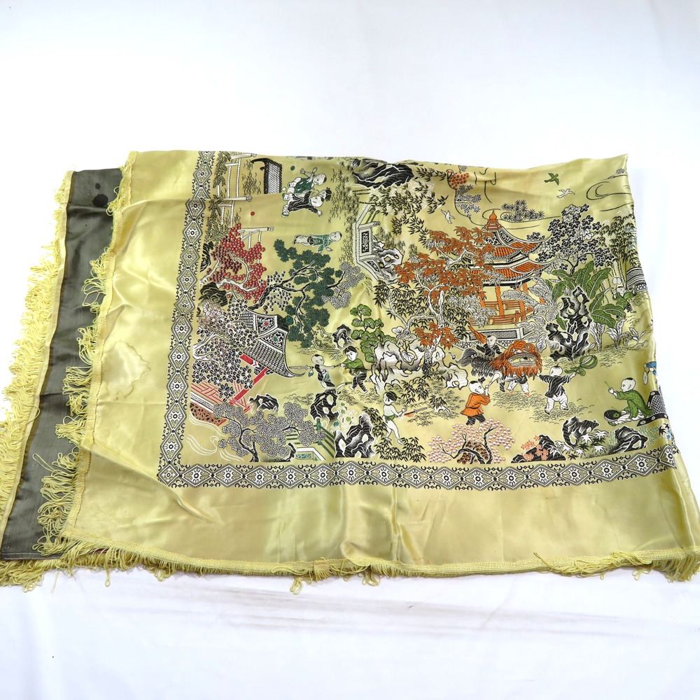 Oriental Tapestry Wall Hanging Chinese? Silk? 73"x53" Table Runner Vintage Rug